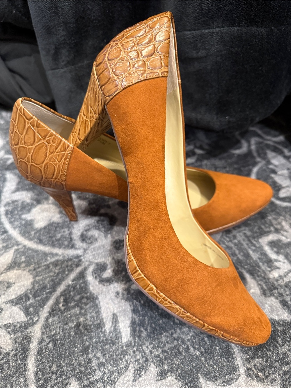 Ellen Tracy Cody Suede Pointed-Toe Pumps with Croc-Embossed Heel Cognac/Brown